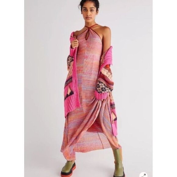 Free People Womens Endless Love Halter Maxi Dress Size M Rainbow Space Dye Knit - Picture 2 of 13